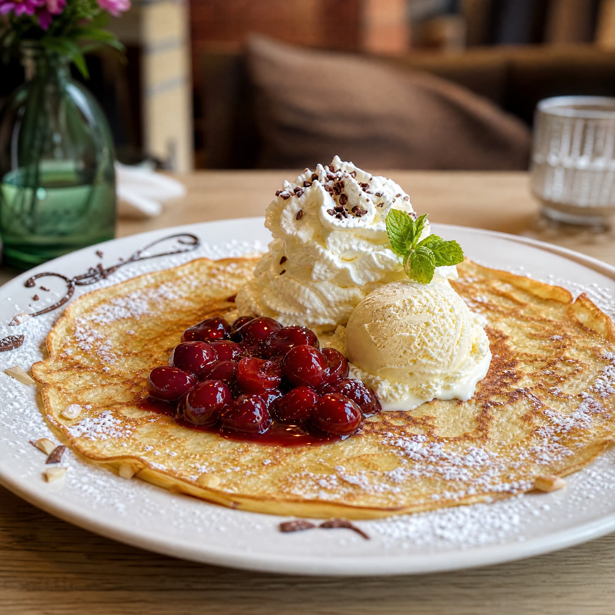 Pfannkuchen mit heißen Kirschen, Vanilleeis und Sahne